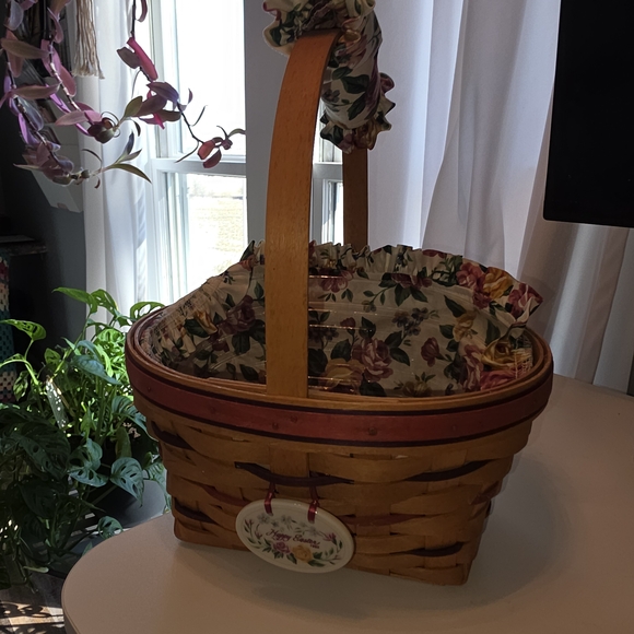 Longaberger Other - Longaberger Floral-Lined Woven Wood Basket with Pink Trim 1995 Easter Basket